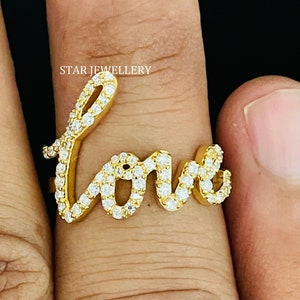 Natürlicher Diamant LOVE Ring, LOVE Letter Diamantring für sie, Solid Gold LOVE Letter Ring, Liebesring Jahrestagsgeschenk, Valentinsgeschenk für sie