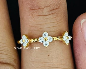 Four Stone Prong Set 14K Gold Ring, Diamond Trio Cluster Ring with 14K Solid Gold, Wedding Proposal Band Ring with Twisted Rope Shank
