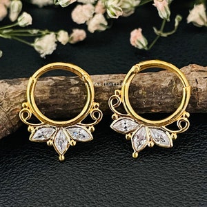 14K Gold Diamond Septum Clicker: Marquise Daith Piercing