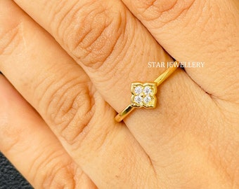 14K Gold Clover Diamond Ring: Minimalist Four Stone Ring