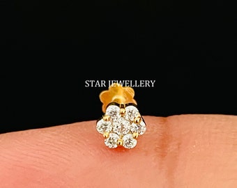 Genuine Diamond Flower Stud for Nose Tragus Lobe Conch, 14K Gold 7 Diamond Cluster Floral External Threaded Pin, Piercing Jewelry, Conch