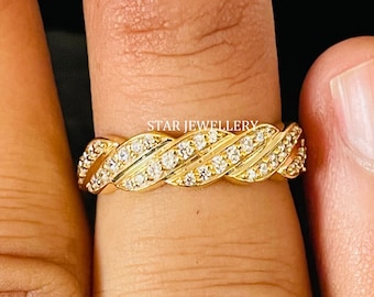 14K Solid Gold Pave Set Twist Diamond Ring, Curved Shape Natural Diamond Matching Wedding Band Ring. Anniversary Gift, Graduation Gift