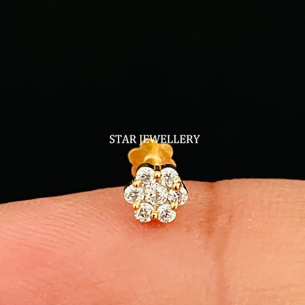 Genuine Diamond Flower Stud for Nose Tragus Lobe Conch, 14K Gold 7 Diamond Cluster Floral External Threaded Pin, Piercing Jewelry, Conch