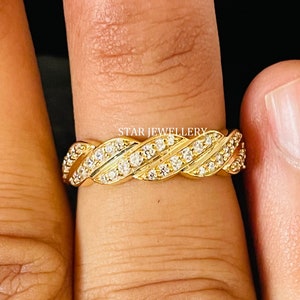 14K Solid Gold Pave Set Twist Diamond Ring, Curved Shape Natural Diamond Matching Wedding Band Ring. Anniversary Gift, Graduation Gift