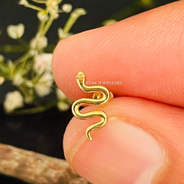 Gold Snake Nose Piercing, Solid Gold Snake Nose Pin in 14K, Gold Snake Ear Piercing Tragus, Snake Nose Pin, 14K Gold Snake Nostril Tragus