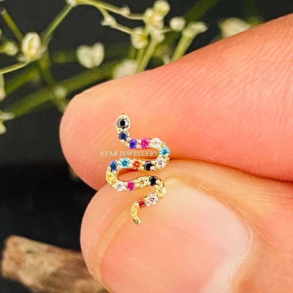 Rainbow Snake Nose Pin, Diamond Snake Nose Piercing, Rainbow Snake Piercing Tragus, Snake Piercing Earring, White Gold Snake Nostril Tragus