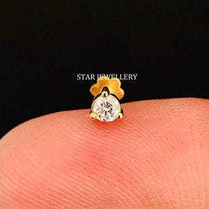 14K Gold Natürlicher Diamant Nasen- / Ohrstecker, 3 Prong Set Diamant Nasenstecker, Piercing Nostril Schmuck. Ohr, Knorpel, Helix, Tragus, Muschel