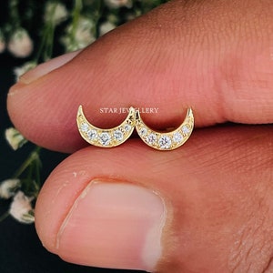 14K Gold Diamond Moon Helix Earring: Tragus Conch Cartilage Stud