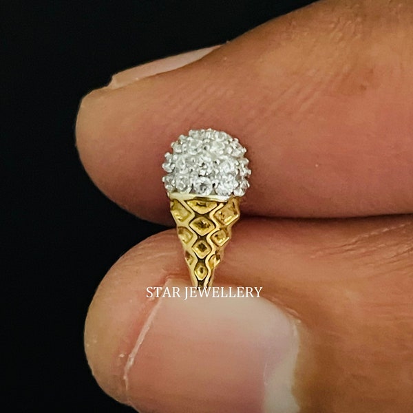 Ice Cream Cone Diamond Piercing, 14K REAL Solid Gold Tiny Ice Cream Cone Stud Earrings, Natural Diamond Upper Earlobe Cartilage Helix Tragus