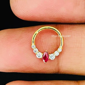 14K Gold Ruby Daith Piercing: Diamond Septum Clicker Jewelry