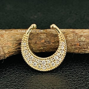 14K Solid Gold Pave Set Natural Diamond Fake Septum Piercing, Diamond Daith Fake Clicker for Helix, Conch, Orbital Conch, Rook Piercing