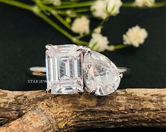Toi Et Moi Pear Cut and Emerald Cut IGI Certified Lab Grown Diamond Ring, 14K Gold Toi et Moi CVD Ring, Toi Et Moi CVD Engagement Ring