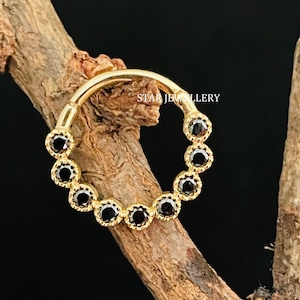 Bezel Set Miligrain Natural Black Diamond Daith Piercing, 14K Solid Gold Bezel Set Black Diamond Septum Clicker, Solid Gold Daith Clicker