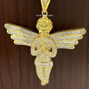 Unisex Silver Moissanite Angel Pendant, 10K Solid Gold Praying Angel Charm Pendant, Baguette Diamond Angel Baby Pendant, Religious Angel