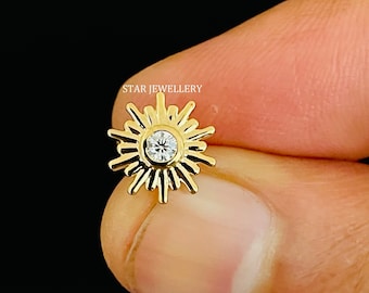 Sun Fire Stud Piercing with 14K Solid Gold, Diamond Sun Piercing for Tragus, Conch, Lobe, Helix, Genuine Natural Diamond Sun Piercing