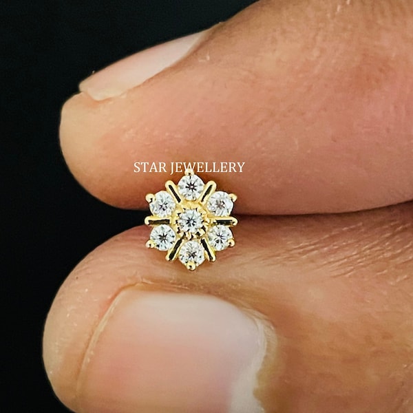 Natural Diamond Flower Stud for Nose Tragus Lobe Conch, 14K Gold Diamond Cluster Floral External Threaded Pin, Piercing Jewelry, Conch, Rook