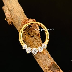 Solid Gold Five Stone Natural Diamond Daith Piercing, 14K Gold Diamond Septum Nose Ring, Diamond Daith Clicker Ear Piercing, Diamond Hoop