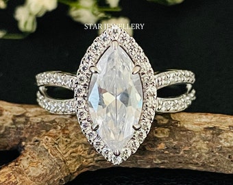 1.50 CT IGI Certified Marquise Cut Lab Grown Diamond Engagement Ring, 14K Solid Gold Split Shank Marquise Cut CVD Wedding Proposal Ring