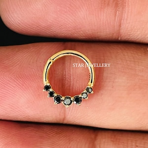 14K Solid Gold Natural Black Diamond Daith Earring, Solid Gold Genuine Diamond Septum Clicker, Helix, 14g, 16g, 18g Clicker Piercing Earring