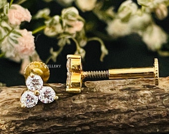 3 Stone Genuine Diamond Stud, 14K Gold Earring, Nose Tragus Lobe Stud, Cluster Diamond Stud, External Threaded Pin, Piercing Jewelry