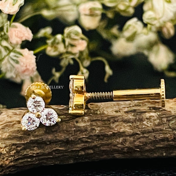 3 Stone Genuine Diamond Stud, 14K Gold Earring, Nose Tragus Lobe Stud, Cluster Diamond Stud, External Threaded Pin, Piercing Jewelry