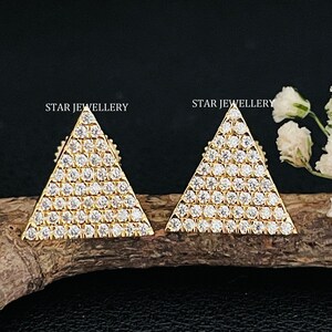 Diamond Triangle Earring, 14K Solid Gold Pave Set Diamond Triangle Earring, Graduation Gift Earring for her, White Gold Bridal Earring