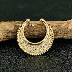 14K Solid Gold Pave Set Natural Diamond Fake Septum Miligrain Piercing, Diamond Miligrain Daith Fake Clicker for Helix, Conch, Rook Piercing