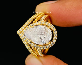 2.00 CT IGI Certified Pear Cut Lab Grown Diamond Ring, Pear Shaped Ring, Drop Diamond CVD Engagement Ring, 2 Ct Cvd Art Deco Style Halo Ring