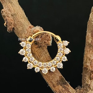 14K Solid Gold Diamond Daith Earring, Diamond Septum Nose Ring, Helix, Conch, Clicker Earring, Clicker Ear Piercing for her, Bridal Septum