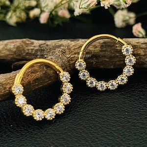 Anello al naso con diamante naturale Daith, castone con setto di diamanti in oro 14 carati, piercing Daith Clicker, clicker con setto Miligrain
