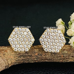 Diamant-Hexagon-Ohrring, 14K Solid Gold Pave Set Diamant Geometrischer Ohrring, Abschlussgeschenk Ohrring für sie, Weißgold Braut Ohrring
