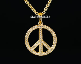 14K Solid Gold Peace Pendant: Natural Diamond Yoga Necklace