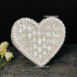 Unisex VVS Baguette Moissanite Heart Ring for her, VVS Moissanite Iced out Heart Ring with 925 Sterling Silver, Baguette Heart Ring for him