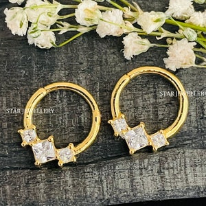 Piercing de prata esterlina 925 com três pedras de diamante princesa Daith, piercing de septo nasal com três pedras de diamante, hélice, 14g, 16g, 18g