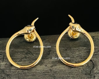 14K Solid Gold Snake Earrings: Victorian Mid Century Diamond Accent