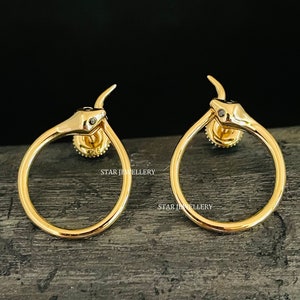 14K Solid Gold Snake Earrings: Victorian Mid Century Diamond Accent