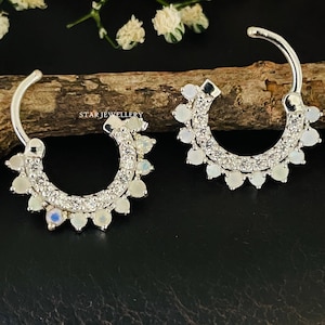 Septum Nose Ring in 14K Gold with Opal Stone, CZ Diamond Daith Piercing, Clicker Daith Piercing With Opal Stone, CZ Diamond Septum Clicker