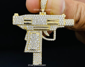 Solid Gold GUN Pendant with Natural Diamonds, Genuine Diamond Gun Pendant, Gun Pendant to Gift, Gun Hip Hop Diamond Pendant without Chain