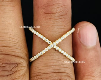 14K Gold Criss Cross Diamond Ring: Pave Set X Ring