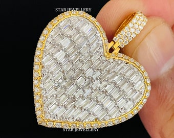 Baguette Diamond VVS Moissanite Heart Pendant, 925 Silver VVS Moissanite Baguette Diamond Heart Pendant, Heart Hip Hop Pendant without Chain