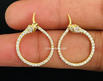 Solid Gold Diamond Snake Earring for her, Natural Diamond Snake Circular Solid Gold Earring Gift, 14K Solid Gold CVD Diamond Snake Earring