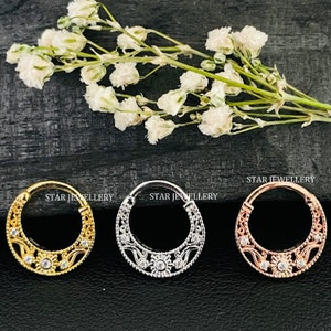 Argola de nariz de septo com diamante em prata esterlina 925 CZ, hélice, 14g, 16g, 18g, piercing de clique Daith exclusivo com diamante em prata esterlina 925 CZ