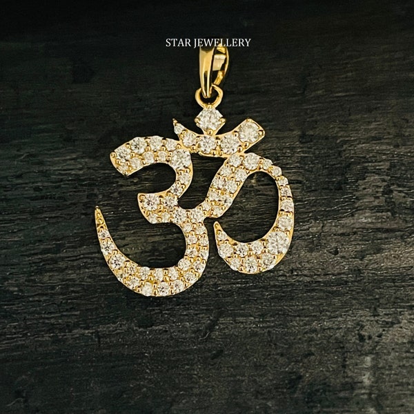 Solid Gold OM Pendant with natural Diamonds, Genuine Diamond Ohm Yoga Pendant OM Pendant to Gift, Spiritual OM Diamond Pendant without Chain