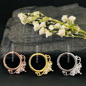 Argola de nariz de septo de prata com diamante CZ de corte redondo, hélice, 14g, 16g, 18g, brinco de clique, piercing de clique Daith exclusivo com diamante CZ de lei 925