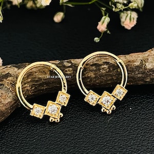 Echter Diamant-Trio-Stein Septum Clicker, drei Stein Diamant Daith Clicker, Helix Piercing Körperschmuck, 14K Solid Gold Septum Piercing