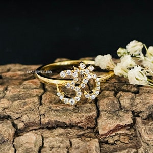 14K Gold Natural Diamond OM Ring: Yoga Jewelry