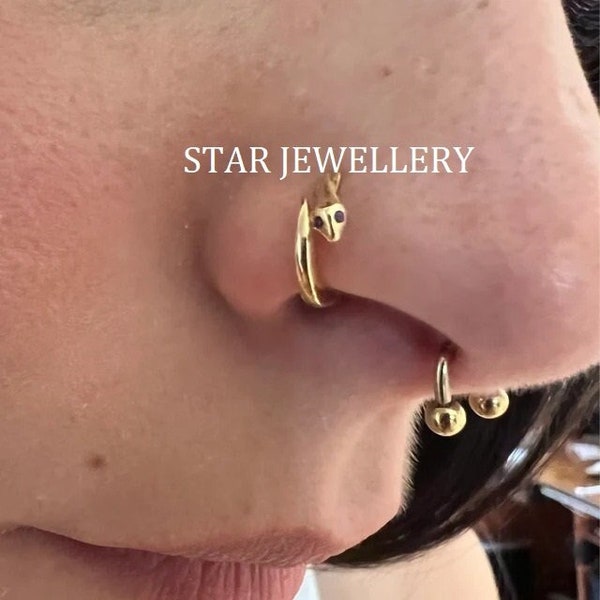 Gold Snake Nose Hoop, 14K Gold Snake Nose Piercing, Snake Nose Hoop Tragus in 14K Gold, Snake Hoop Earring, White Gold Snake Nostril Tragus