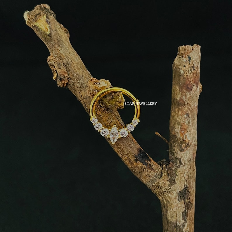May include: Gold nose ring with a circle of clear stones and a teardrop-shaped cluster of clear stones.