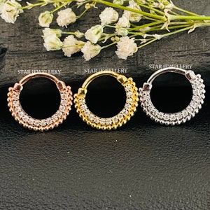 Piercing de prata esterlina Miligrain exclusivo com diamante CZ Daith, piercing de septo nasal em prata Miligrain, hélice, 14g, 16g, 18g