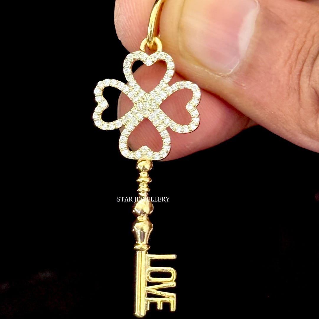 Diamond Heart Key Pendant: 14K Solid Gold Love Key - Etsy